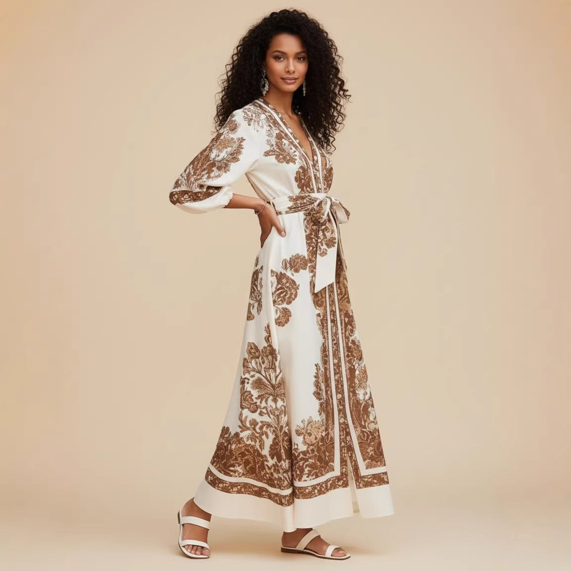 Elegant Printed V-Neck Dress With Puffed Sleeves