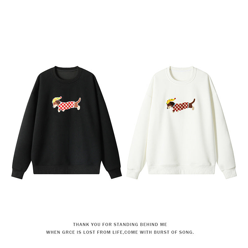 Korean Style Fluffy Dachshund Towel Embroidery Pullovers New