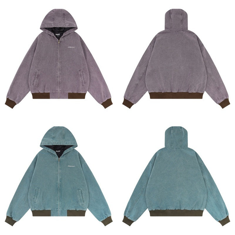Washed And Worn Retro Hooded Jacket