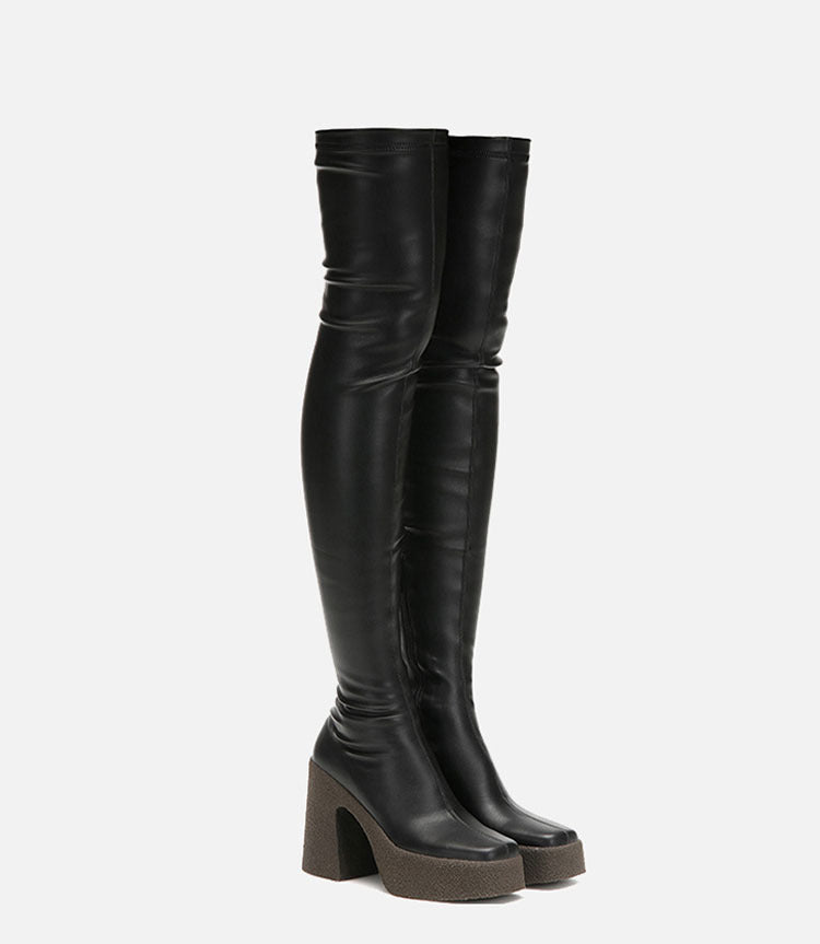 Thick Bottom Waterproof Platform Square Toe Elastic Boots
