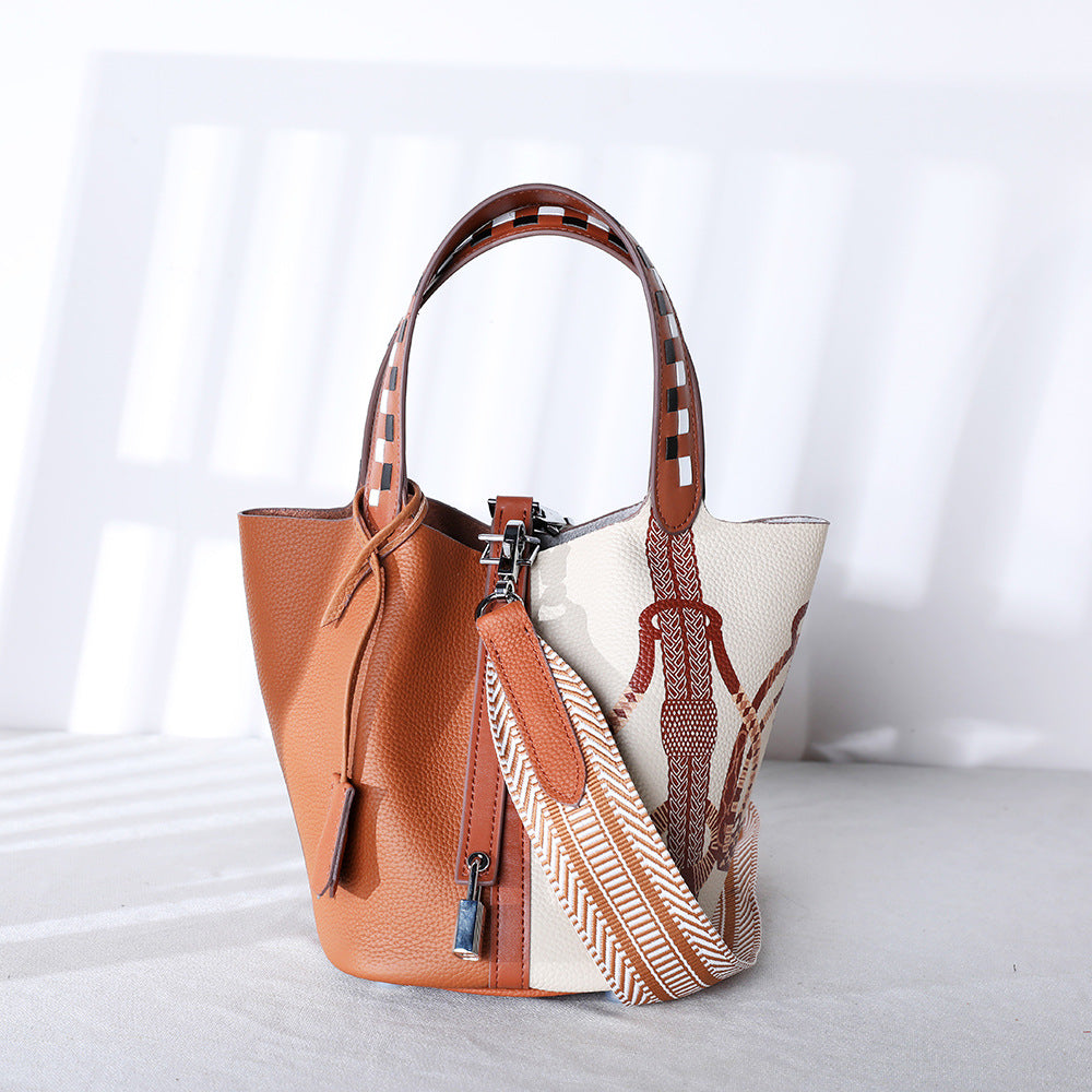 Cowhide Painted Vegetable Basket Portable Women's Bag Adjustable Shoulder Strap