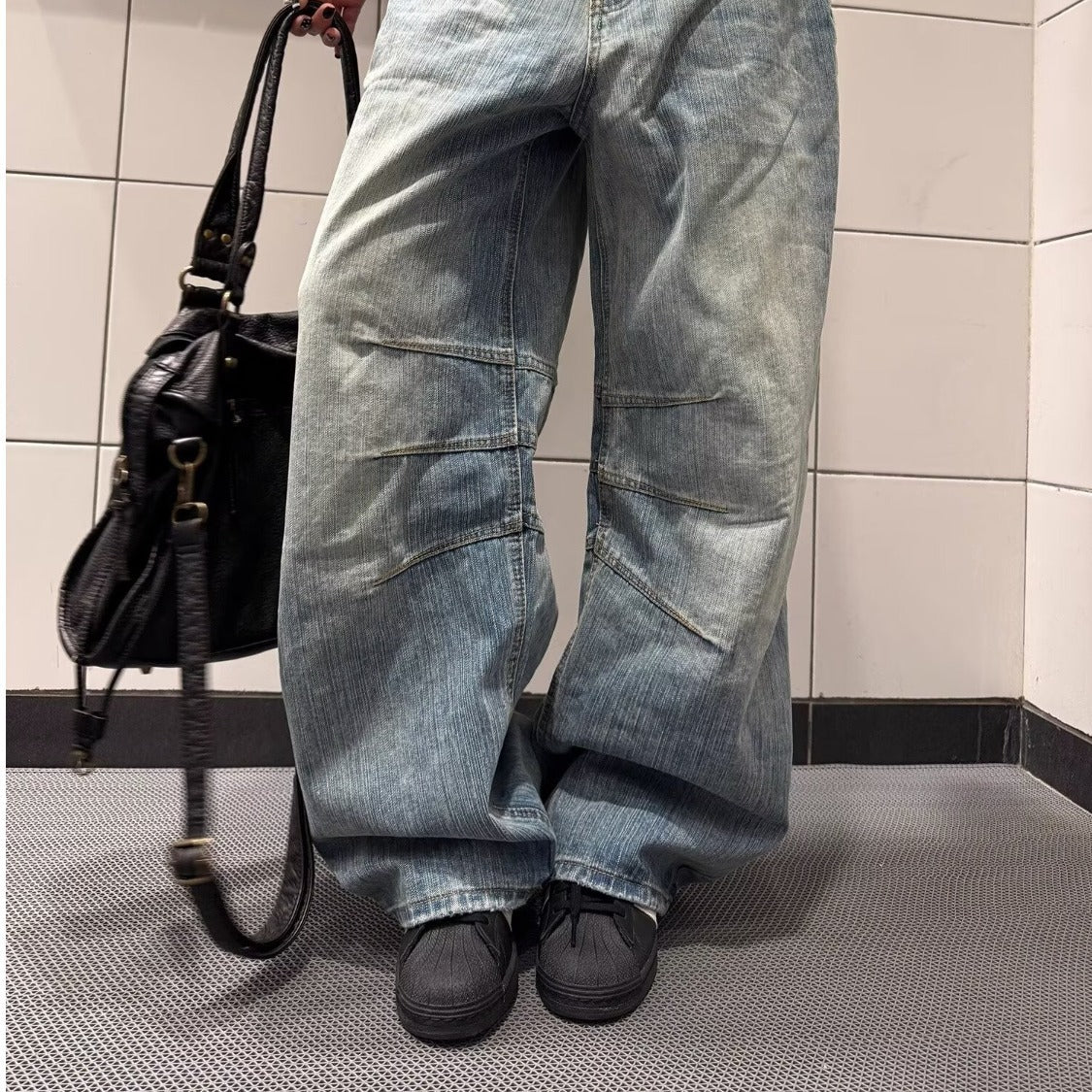 Løse retro denimjeans til kvinder med sildebensmønster og svaj