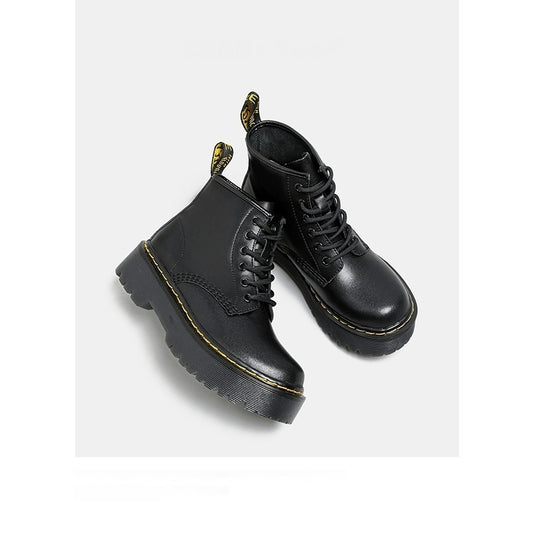 Platform Martin Boots Women's Thickened Real Leather Black Flat Bottom