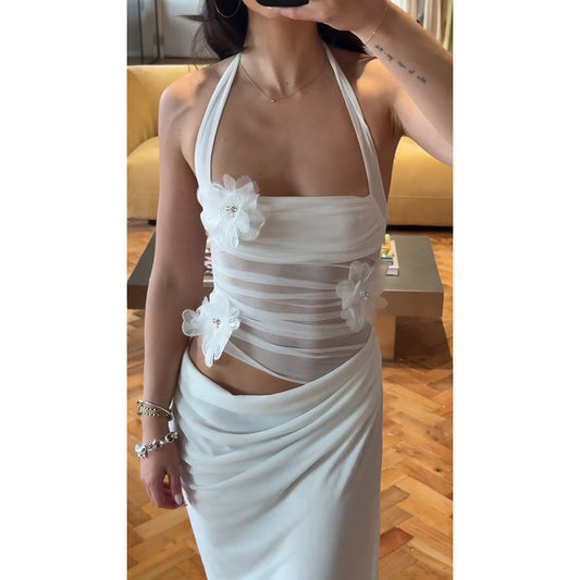 Stylish Patchwork 3D Floral Halter Bodycon Midriff-Baring Dress In A Sophisticated Edgy Chic Style For Women