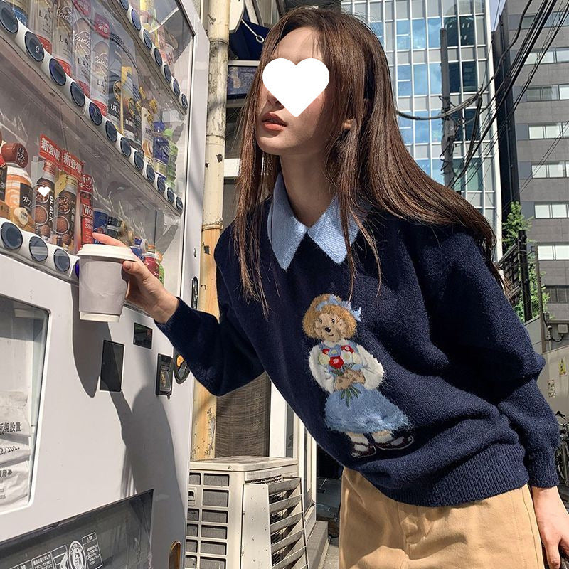 Contrast Color Lapels Bear Brocade Sweater