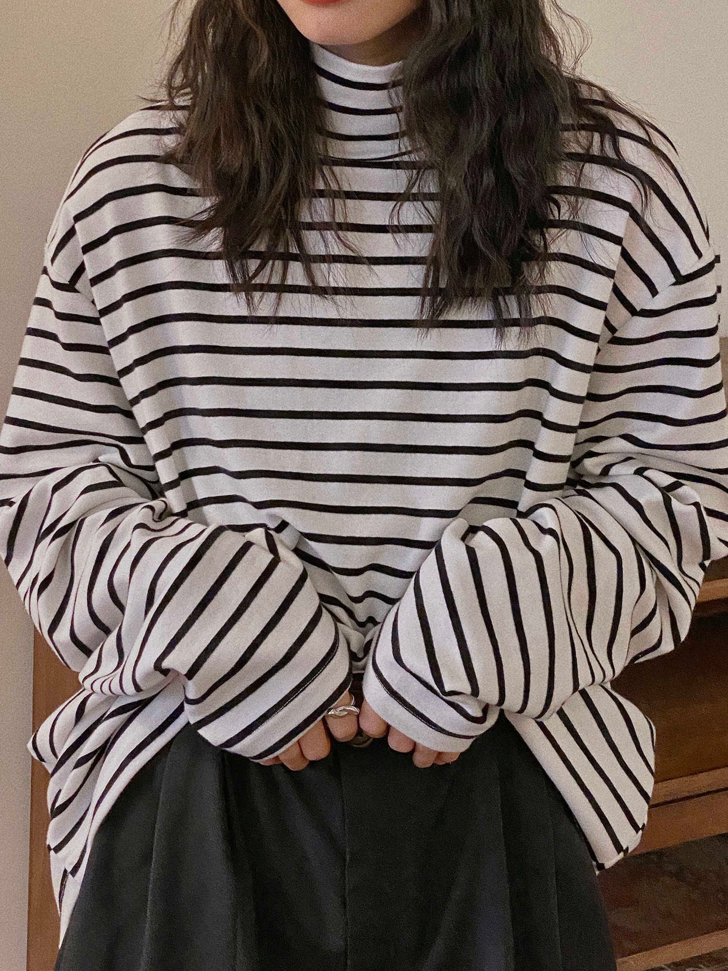 Ny Løs Stribet Langærmet T-shirt Til Kvinder
