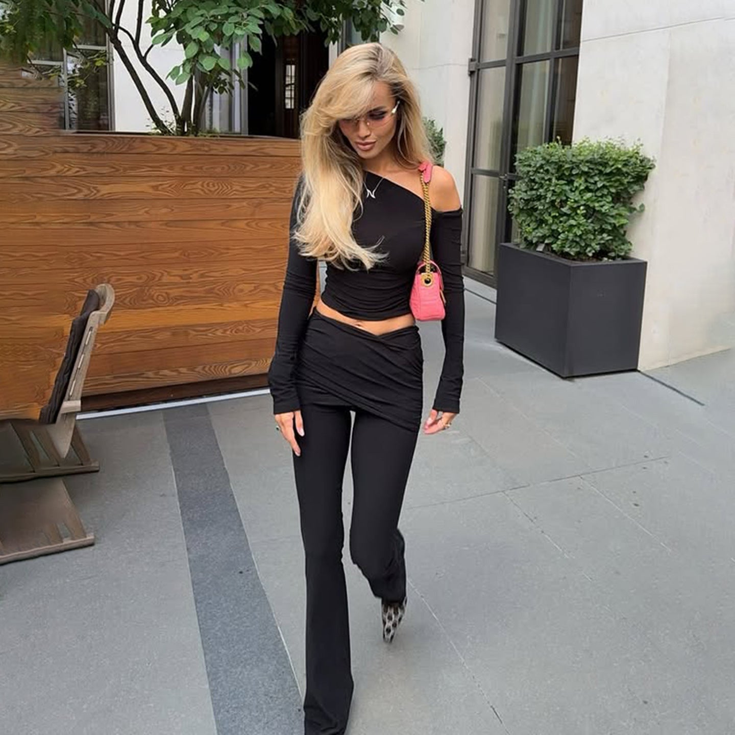 Two-piece Set Long-sleeve Top And Flared Body-hugging Pants