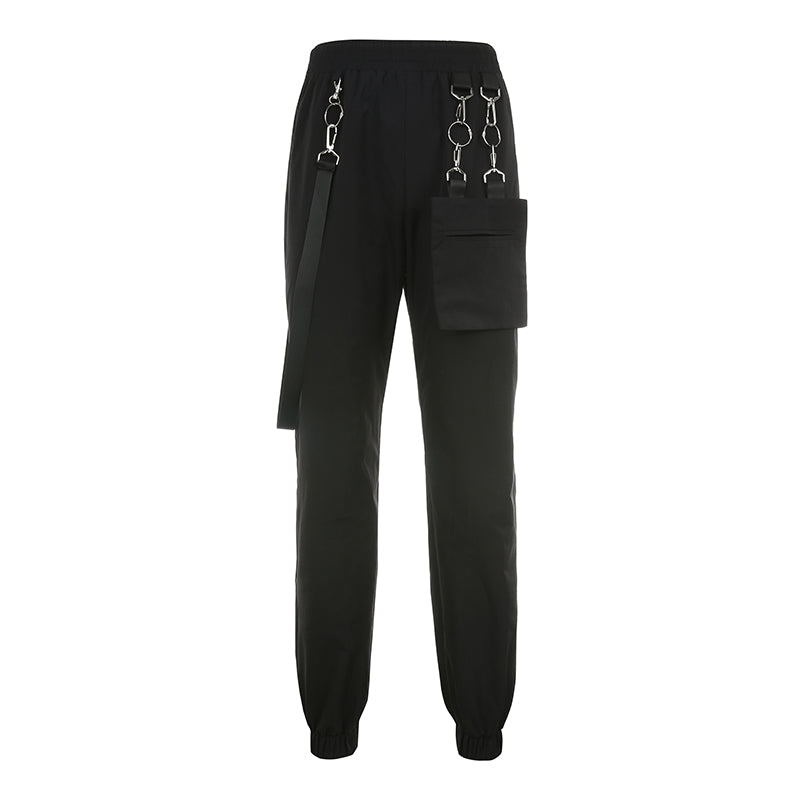 Street Style Metal Element Detachable Chain Pocket Overalls Women High Waist