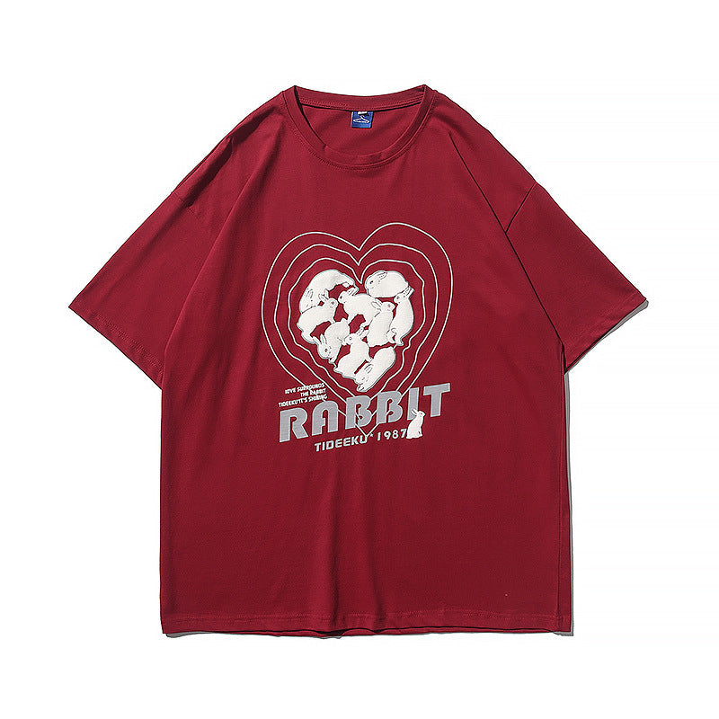 Red Collarless Loose Short Sleeve Teen