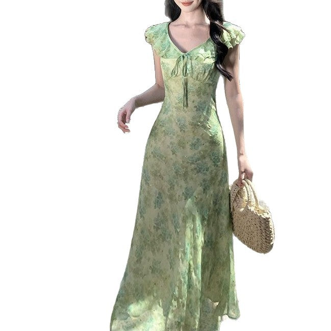 Fresh Beachy Getaway Dress In Green With A Dainty Floral Print And Cap Sleeves
