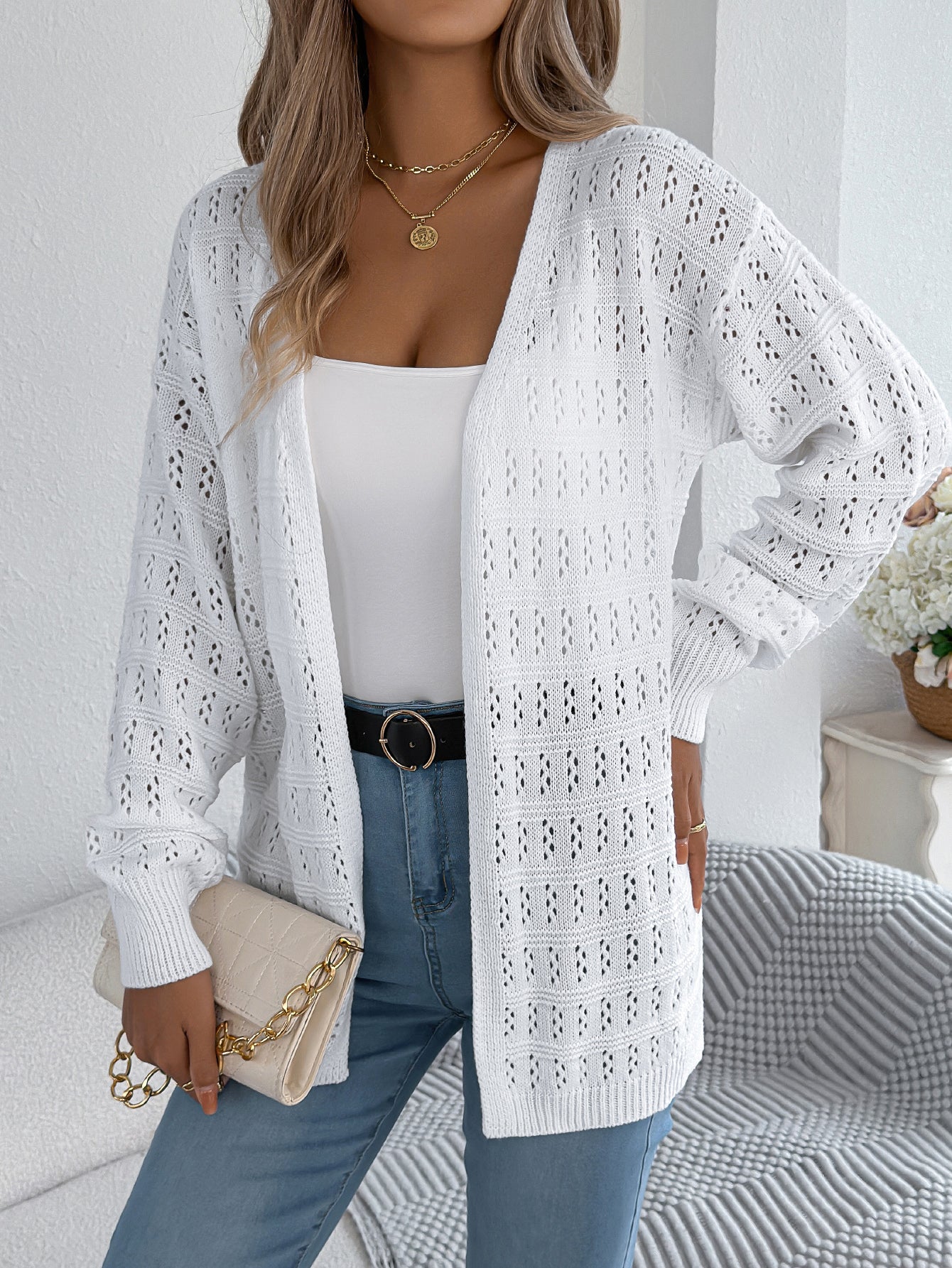 Women Solid Color Hollow Out Lantern Sleeve Long Sleeve Cardigan Sweater Coat
