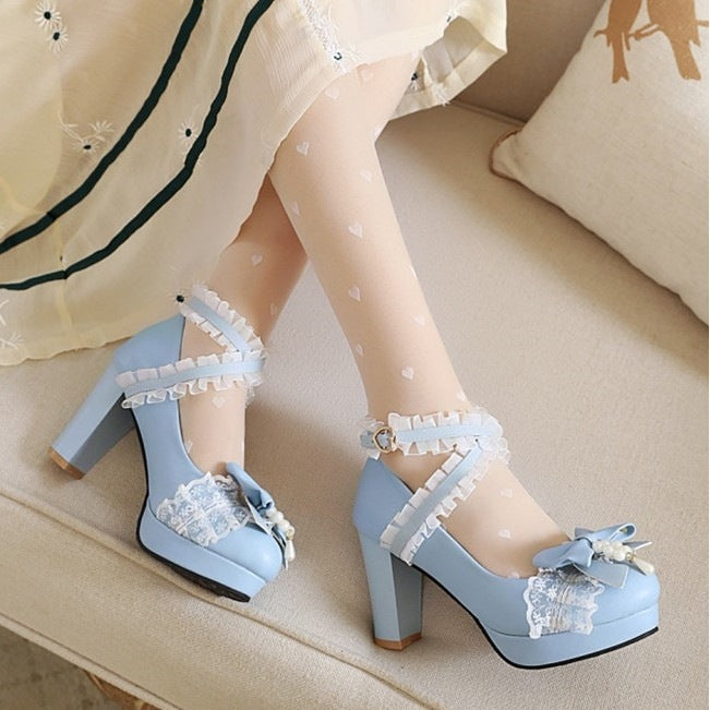 Bow Lace Mesh Thick Heel Shoes
