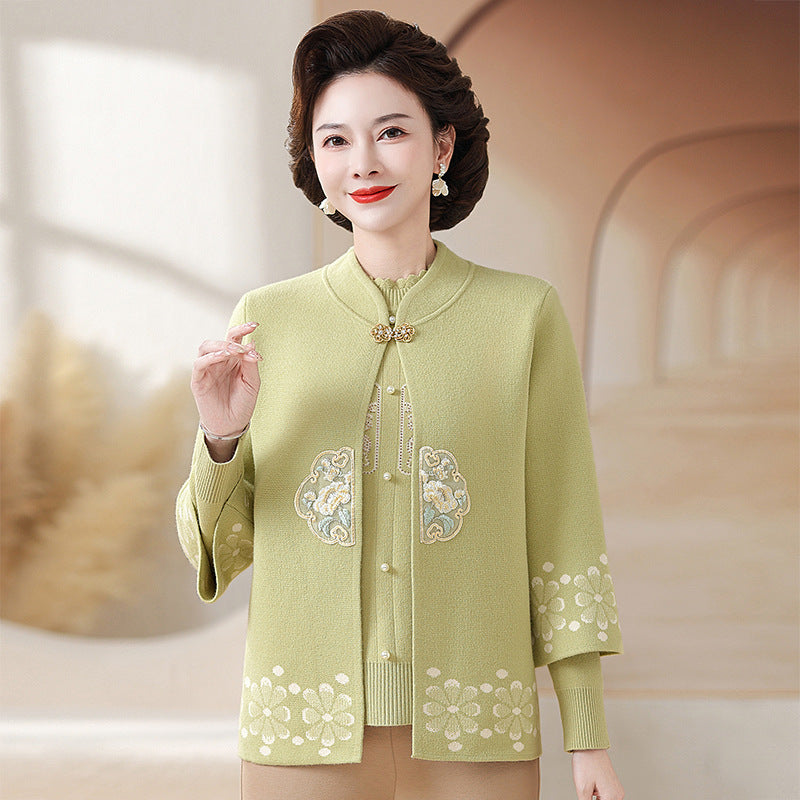 Middle-aged And Elderly Women's Knitting Sweater Cardigan Autumn And Winter Two-piece Set