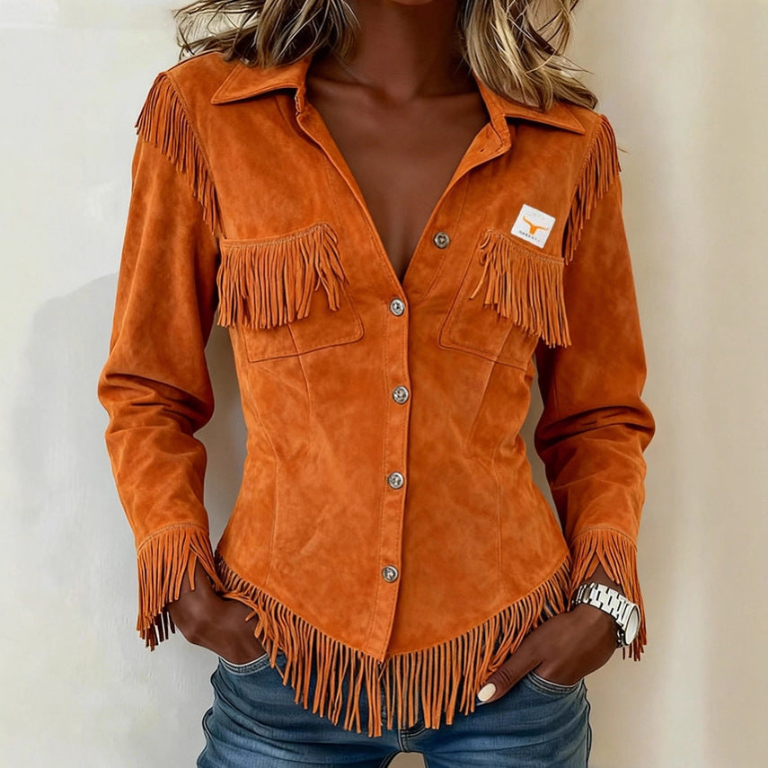 Brown European And American-style Suede-velvet Cardigan With Tassels And Long Sleeves