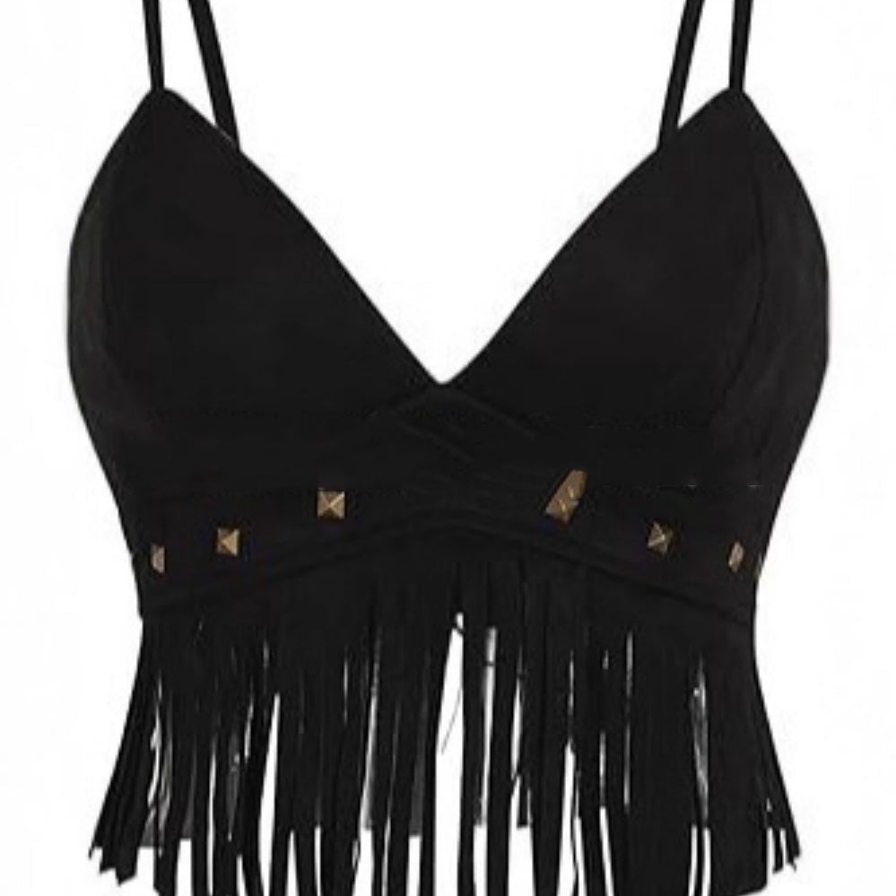 Womens Fringed Sleeveless Spaghetti-Strap Faux Suede Vintage Top