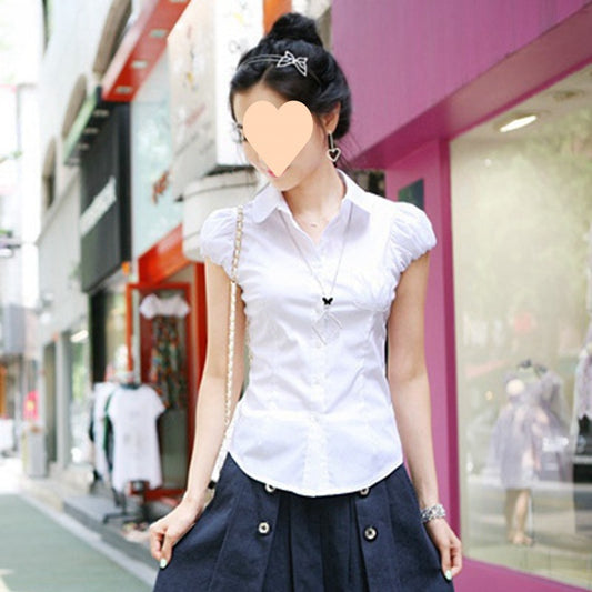 Women's Puff Sleeve Short Sleeve White Professional Slim Fit Shirt