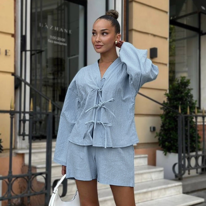 100 Cotton White Loose-Fit Casual Comfortable Womens Loungewear Long-Sleeve Top And Pants Pajama Set