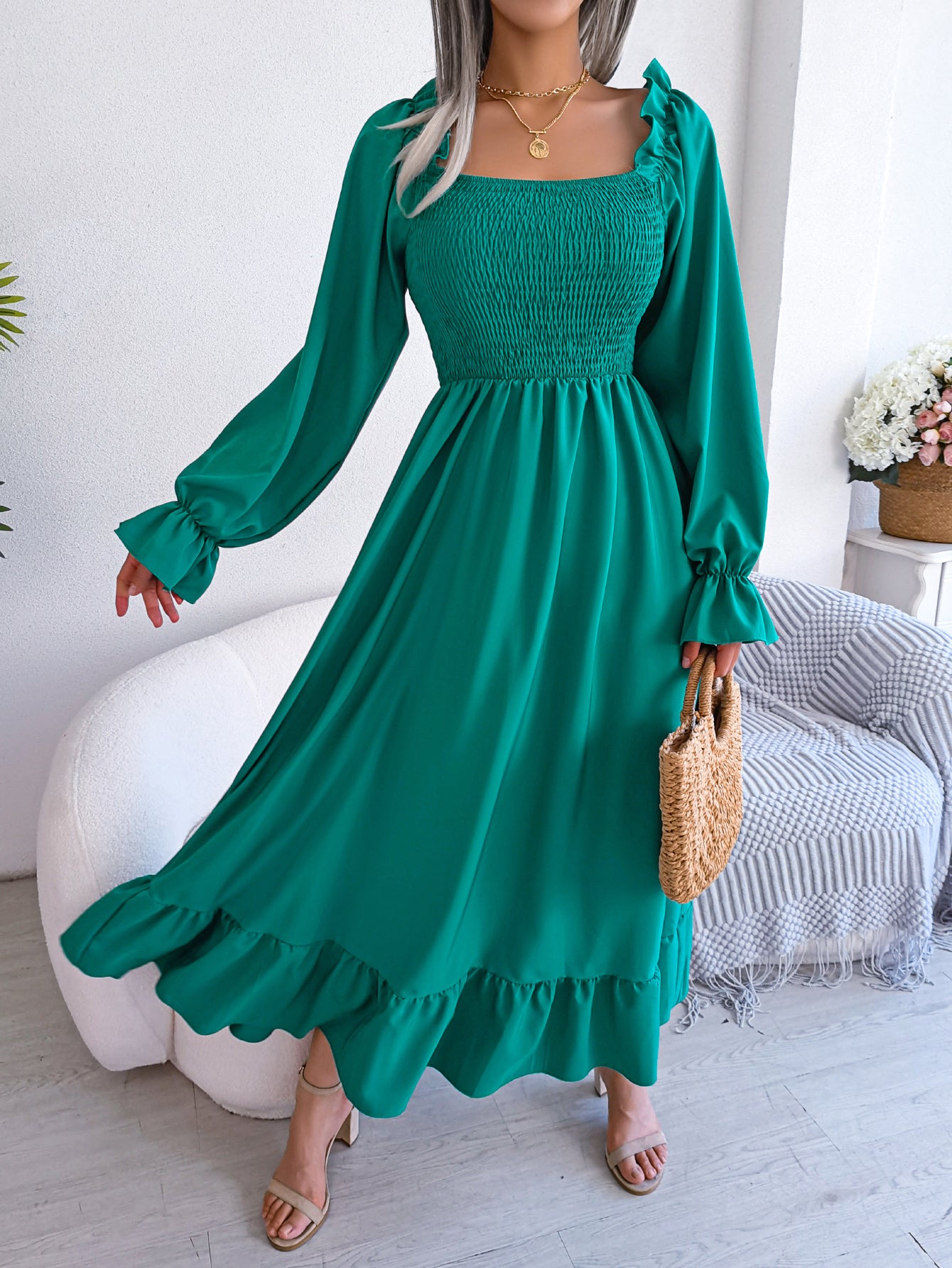 Women's Casual Square Neck Bell Sleeve Flowy Ruffle Maxi Dress
