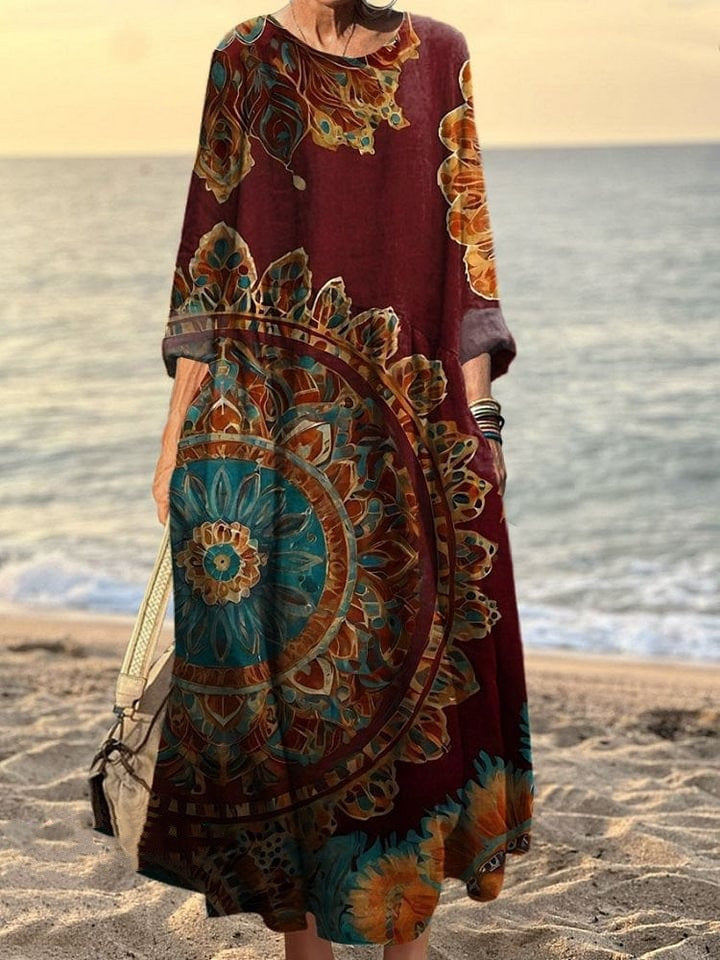 Fashionable Round-neck Long-sleeve Printed Dress