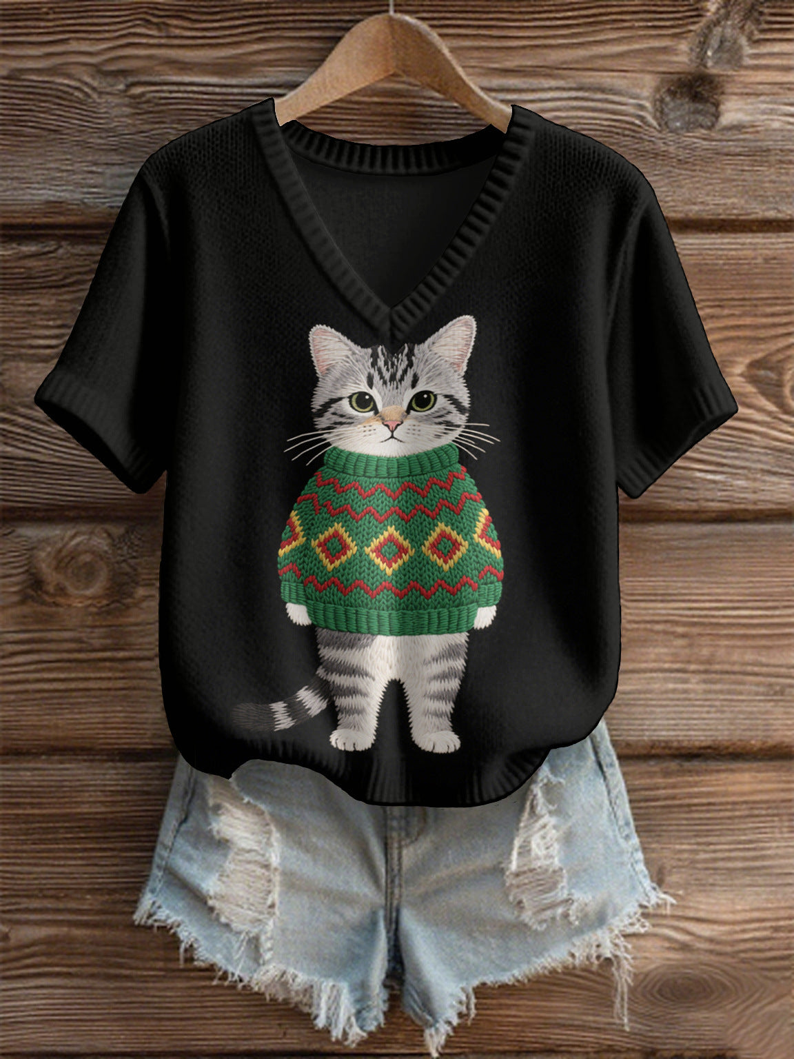 Imitation Sweaters Women's Clothing Short Sleeve V-neck Loose Top
