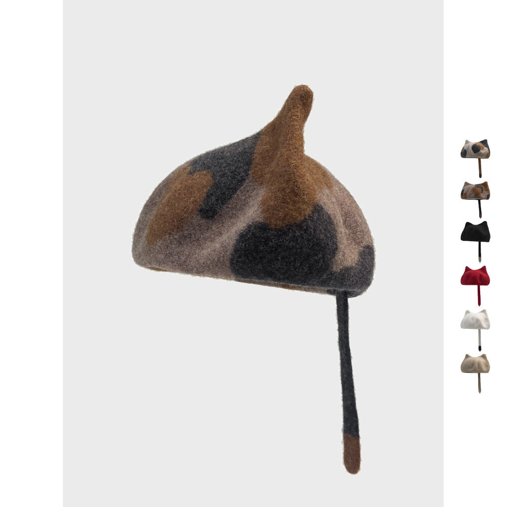 Cute Little Tail Cat Ears Wool Beret Fashion Octagonal Cap