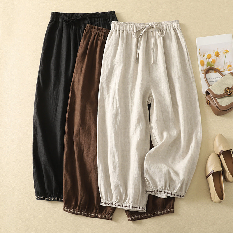 Womens Cotton Linen Embroidered Drawstring Loose Casual Pants