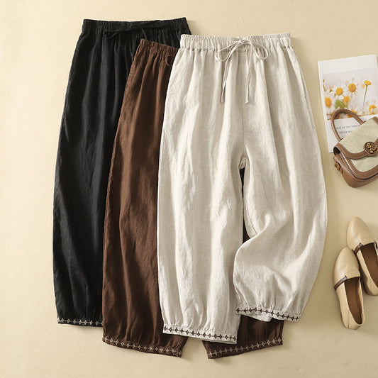Womens Cotton Linen Embroidered Drawstring Loose Casual Pants
