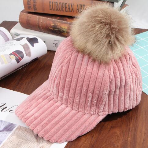 Ladies Fur Ball Solid Color Corduroy Hat