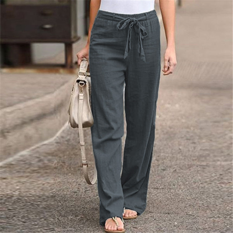 European And American Cotton And Linen Casual Wide-leg Pure Color Elastic Waist Lace-up Loose Women's Trousers