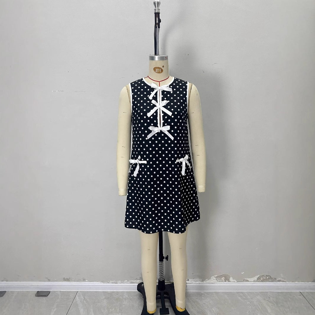 Minimalist Round-neck Loose-fitting Sleeveless Polka-dot Dress