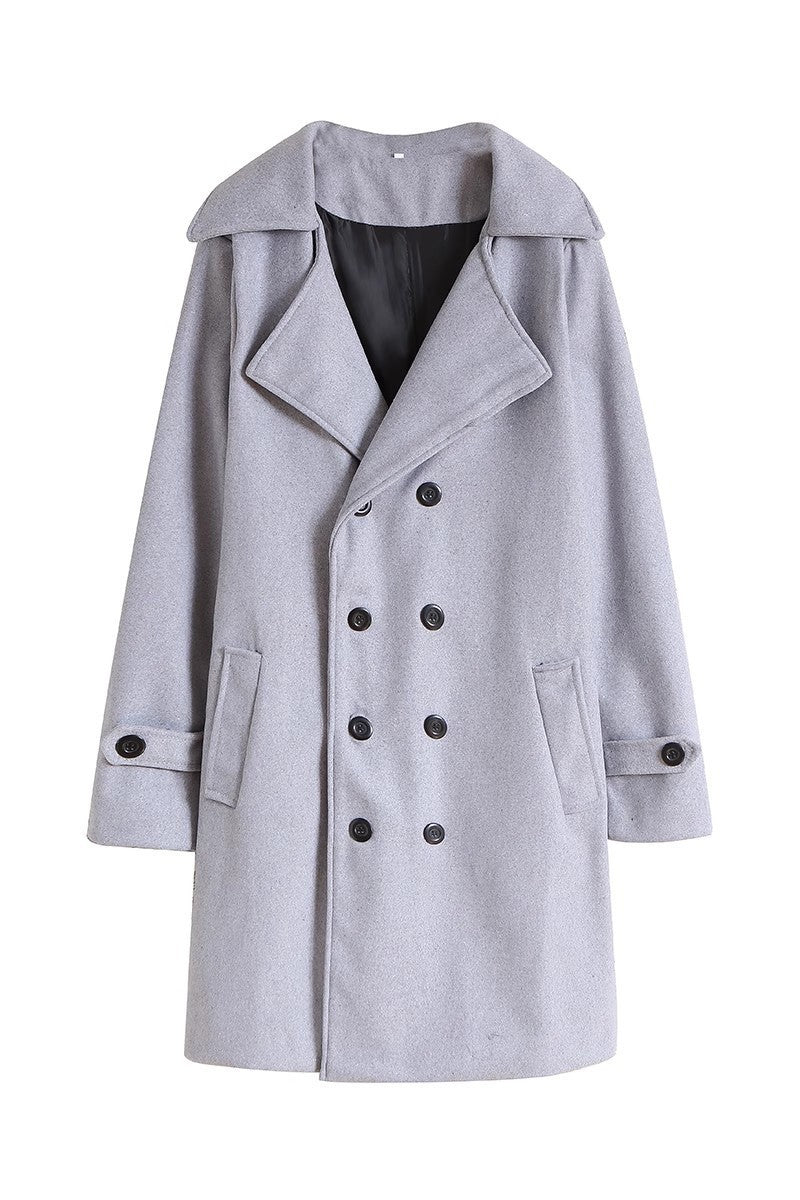 Men's Solid Color Mid-length Wool Coat Korean Style Double-breasted Jacket