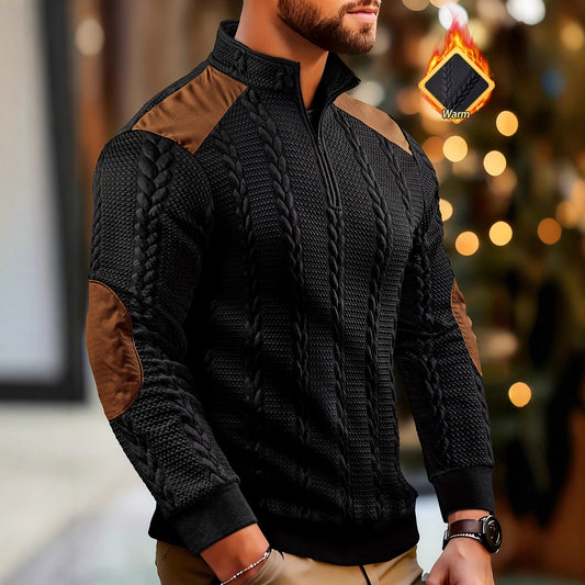 Casual Textured Wheat-spike Pattern Contrast-color Ribbed Patchwork Zip-up Long-sleeve