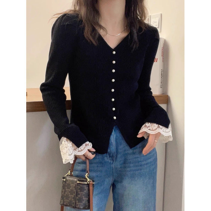 Korean Style Sense Of Design Long Sleeve Lace Splicing Knitwear