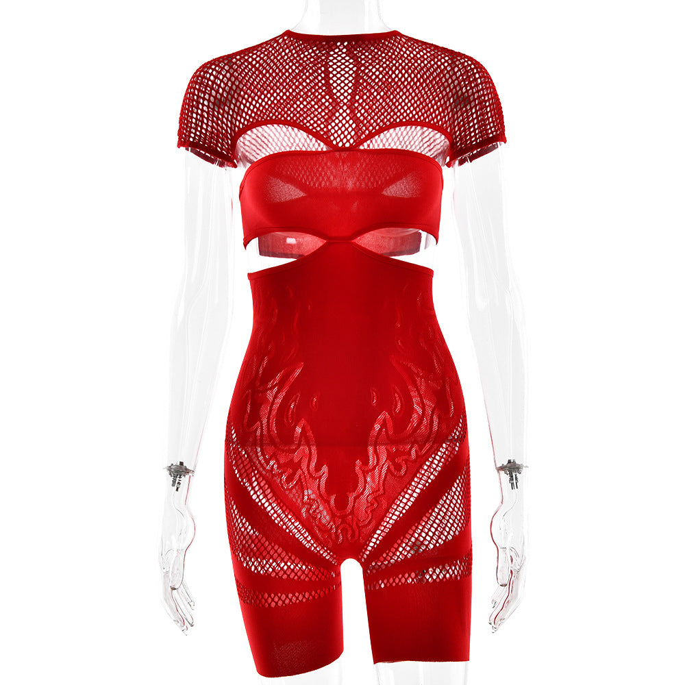 Summer New Fashion Sexy Hot Girl Hollow Out See-through Solid Color Jumpsuit