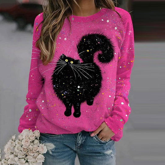 Sød kat kreativt print langærmet sweater med rund hals til kvinder