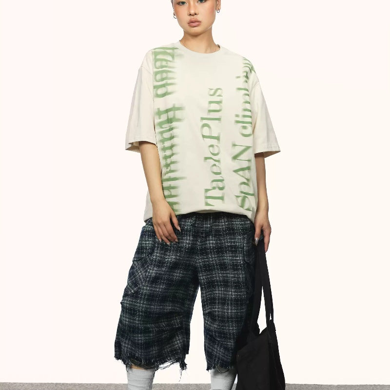 Fuzzy Font Round Neck Short Sleeve Retro Distressed