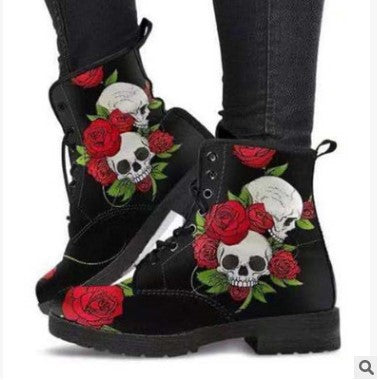 Boots Autumn And Winter Boots Skull And Flower Print Ankle Boots Women's Plus Size