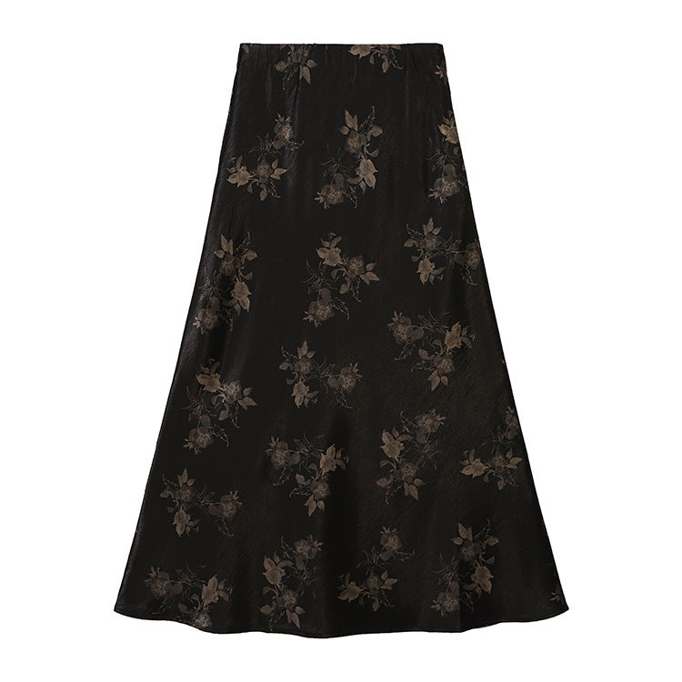 Rose Printed Satin A-line Skirt