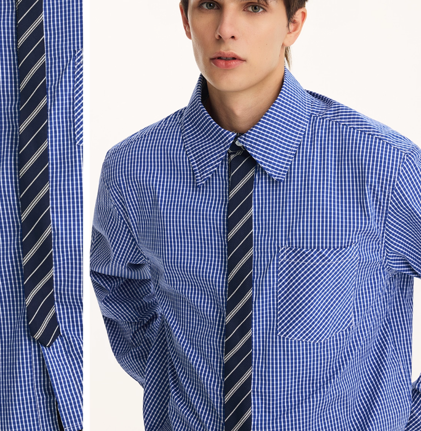 Fake Two-piece Tie High Quality Long Sleeve Shirt Men's Autumn