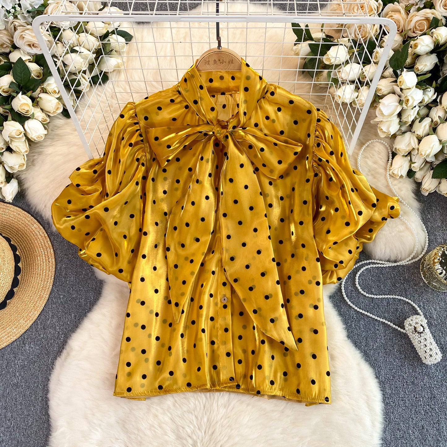 French Style Retro Dots Shirt Female Sweet Bow Collar