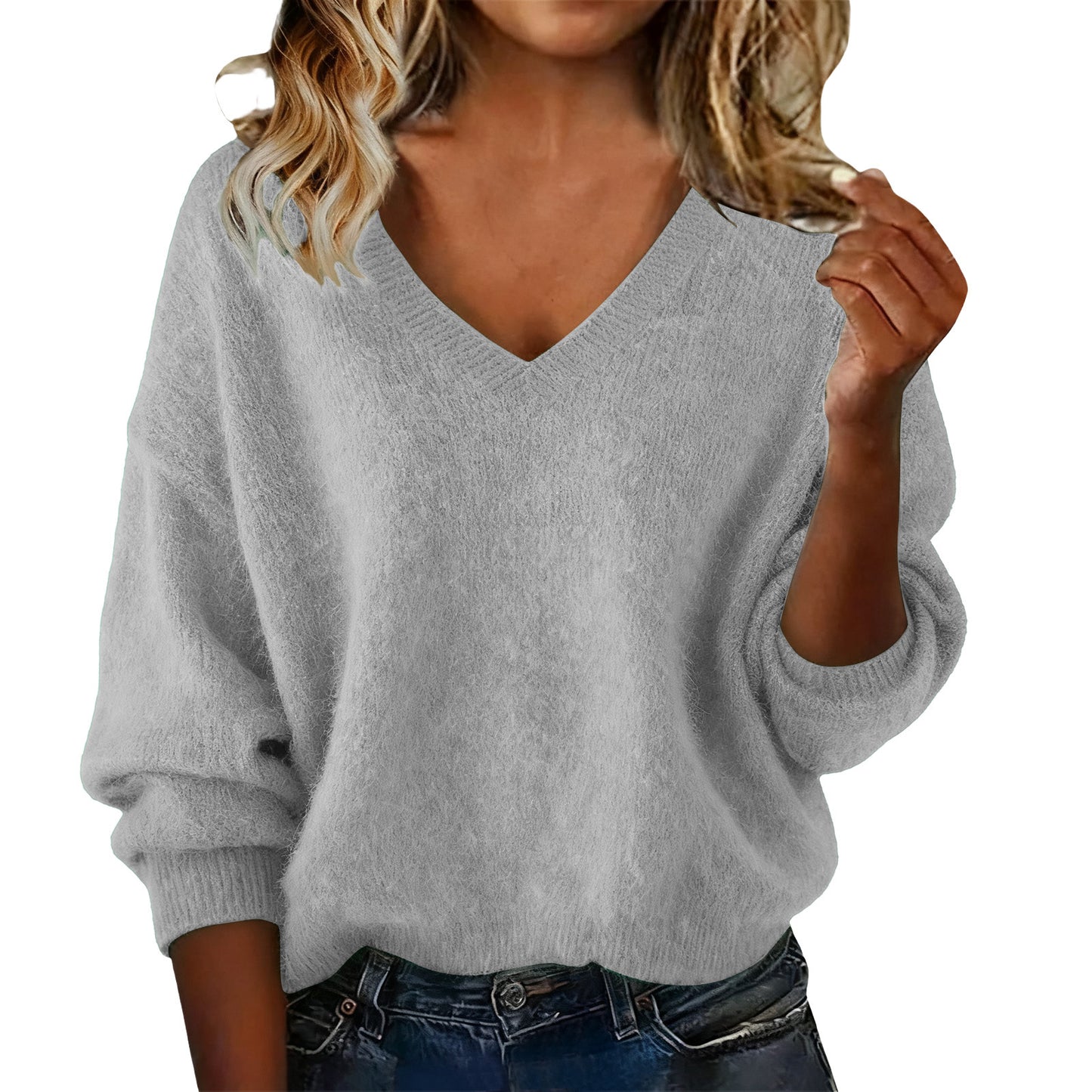 New Fashion Loose Solid Color V-neck Sweater Women