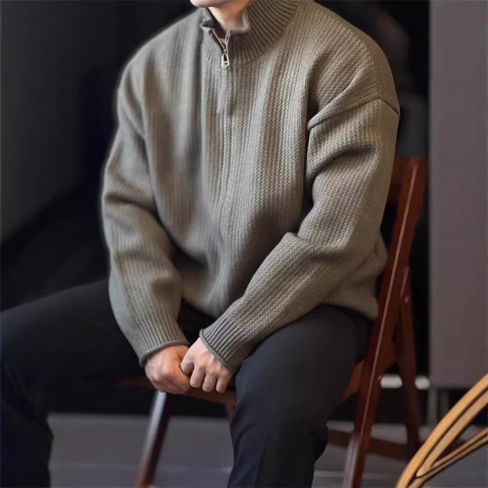Herre Strikket Cardiganjakke med Høj Krave Vintage Sweater