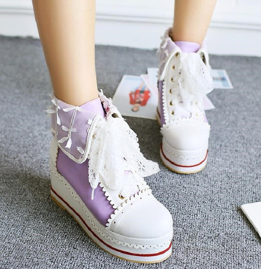 Foot Curb Lace Lace-up Color Block Wedge Platform Ankle Boots
