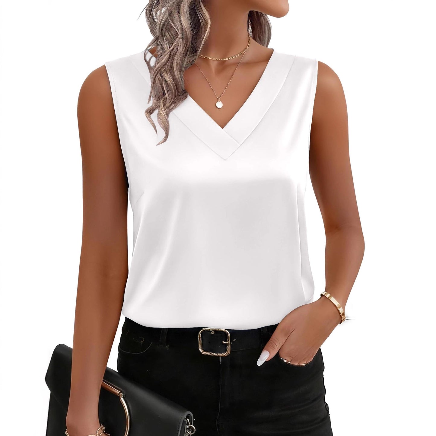 Womens Satin Camisole V-Neck Casual Sleeveless Blouse Top