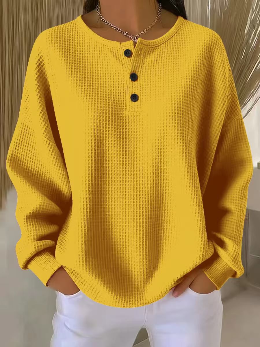 Ins Waffle Langærmet T-shirt Mode Ensfarvet Knapper Rund Hals Pullover Top Damebeklædning