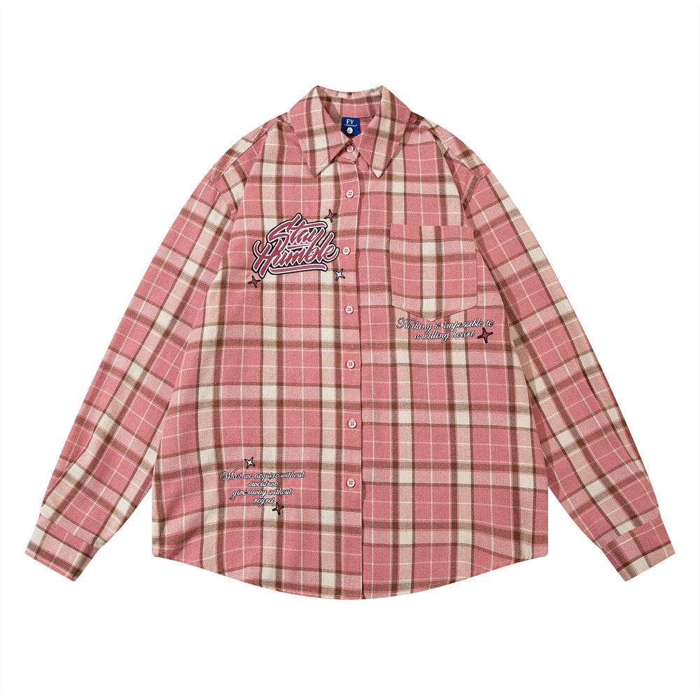 Spring And Autumn Loose Long Sleeve Plaid Shirt Men's And Women's Embroidered Letters