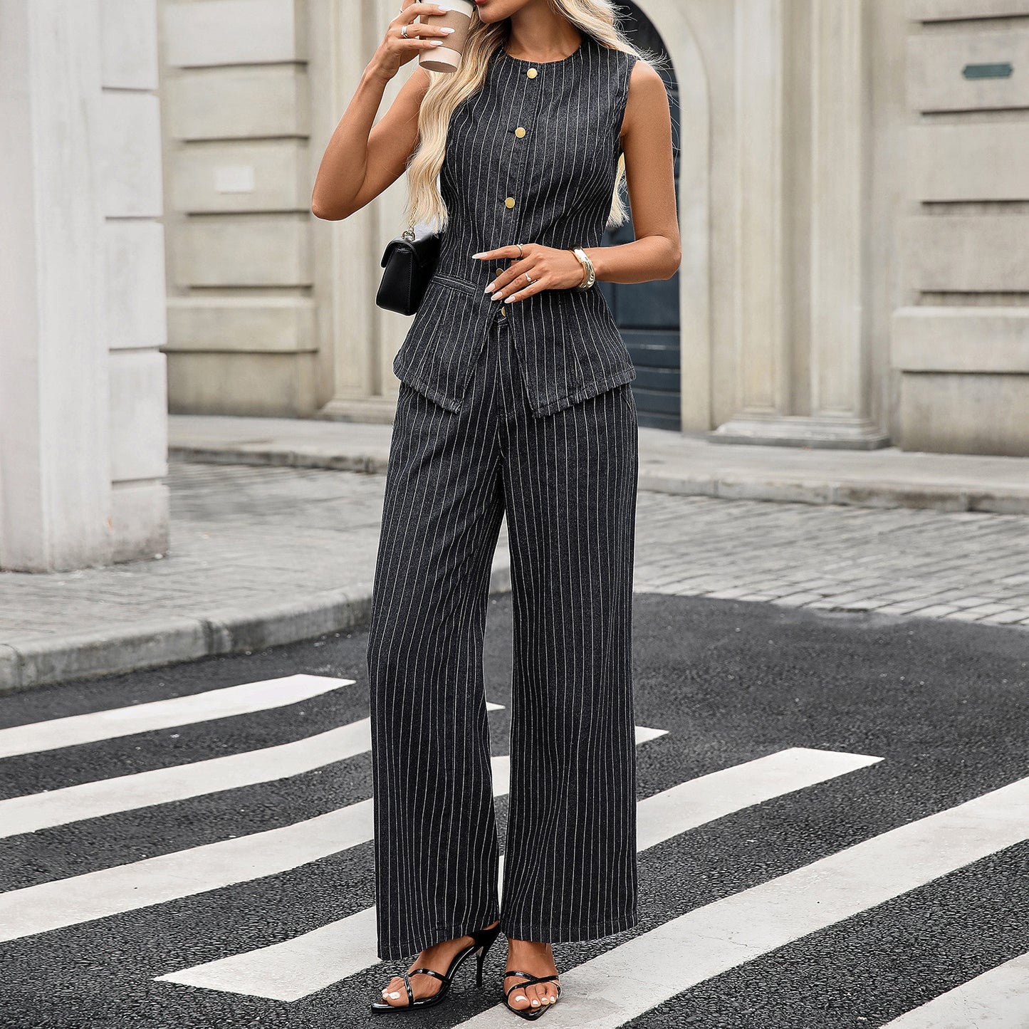 Women's Autumn New Washed Casual Striped Sleeveless Denim Suit