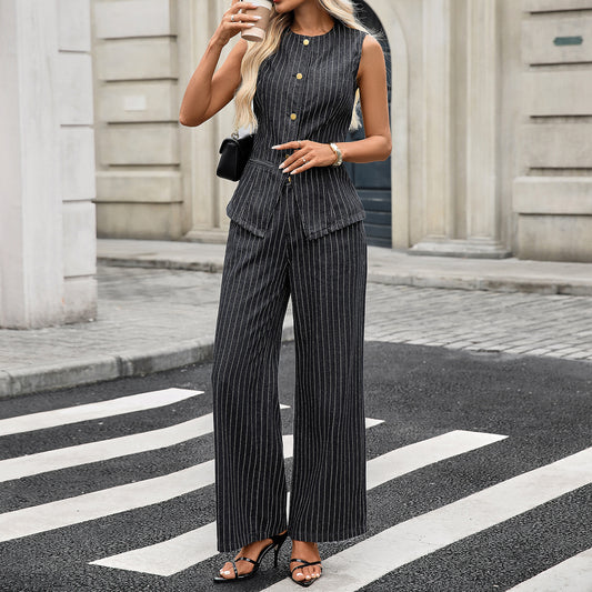 Women's Autumn New Washed Casual Striped Sleeveless Denim Suit