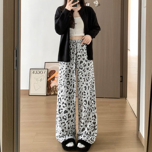 New High Waist Slimming Casual Soft Glutinous Leopard Print Wide Leg Pants For Women