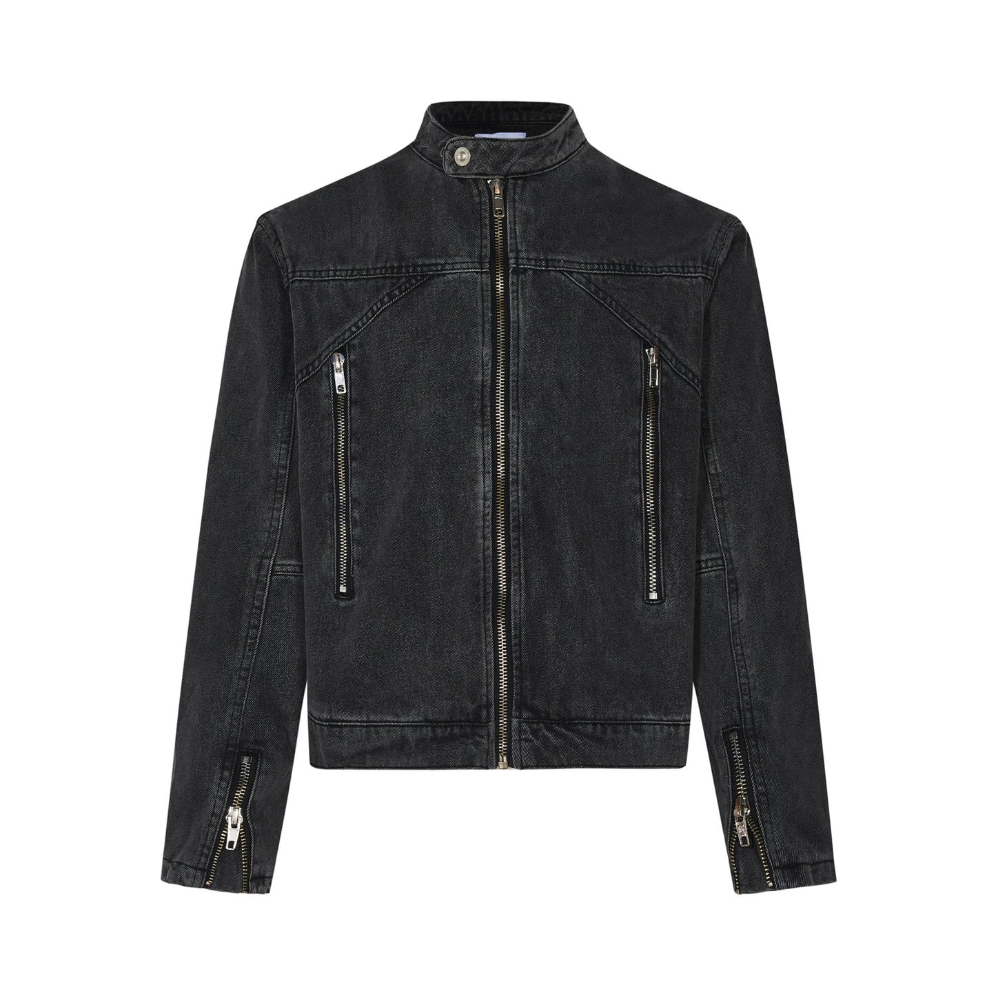 Washed Distressed Denim Jacket With Half Turtleneck Zipper